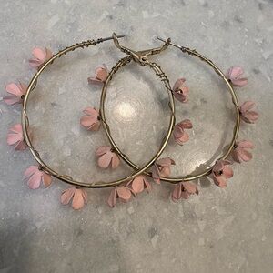 Pink Flower and Gold Hoop Earrings